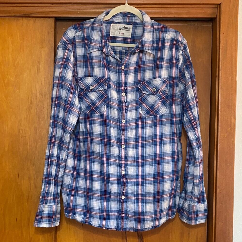 Urban Pipeline Men's Button-Down 100% Cotton Plaid Shirt Blue Red Grunge Outdoor